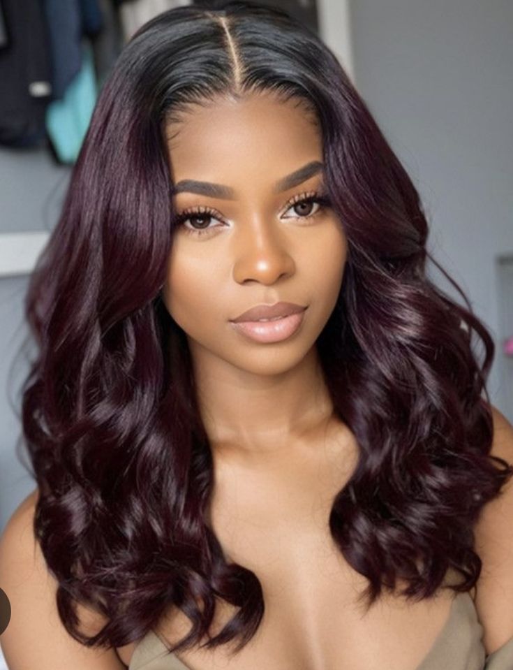 Fall Plum Hair, Plum Hair Olive Skin, Dark Burgundy Purple Hair, Dark Violet Hair Burgundy, Burgundy Hair On Brown Skin, Wine Purple Hair, Dark Burgundy Hair Black Women, Warm Purple Hair, Plum Hair Colour