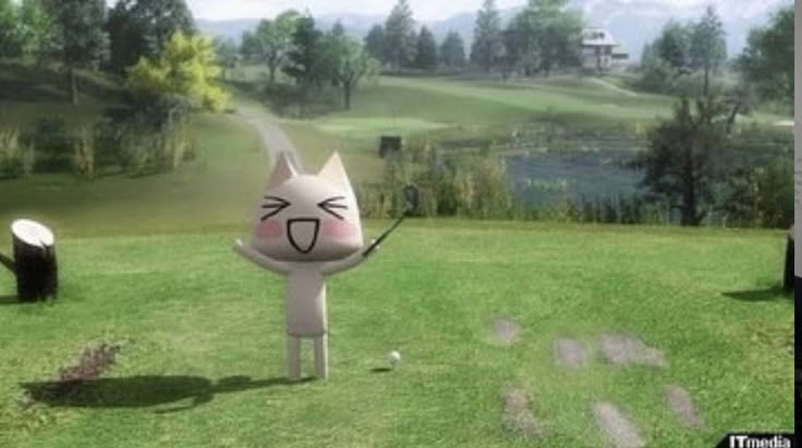 an animated cat golfing in the grass