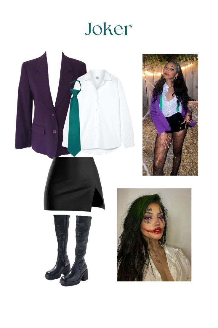 an image of a woman dressed up in clothes and accessories with words joker on them