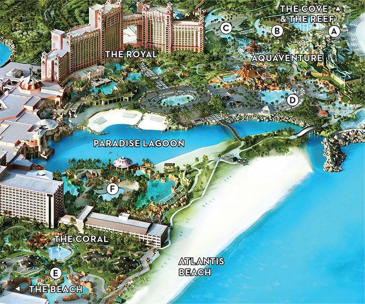 an aerial view of the resort and its surrounding grounds, including hotels, water parks, and pools