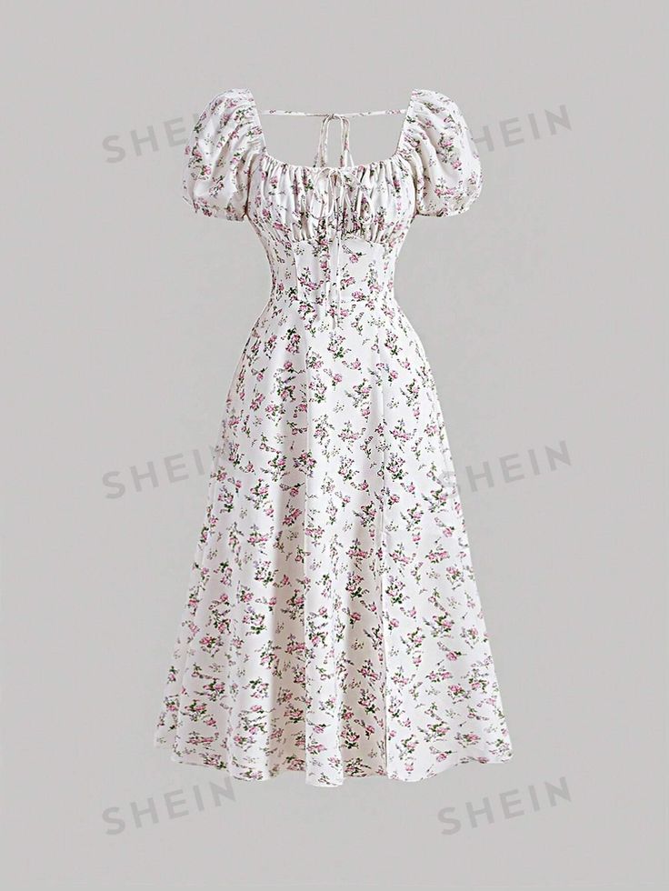 SHEIN MOD Ditsy Floral Print Ruched Bust Puff Sleeve Summer Long Dress | SHEIN USA Shein Dresses Summer, Shein Summer Dress, Summer Dresses Shein, Cute Summer Dresses For Teens, Dresses From Shein, Vestidos Sport, Summer Long Dress, Carmen Dress, Match Outfits