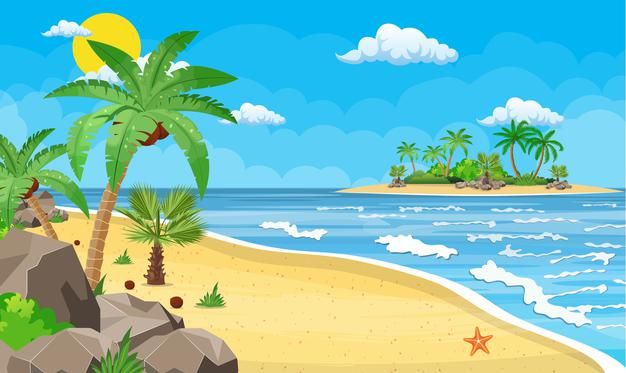 a cartoon beach scene with palm trees and rocks