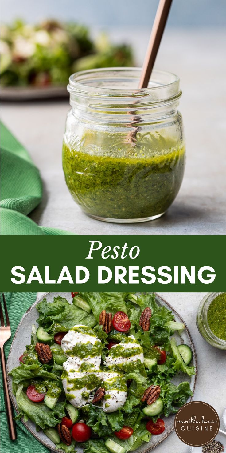 pesto salad dressing in a mason jar and on a plate next to a spoon