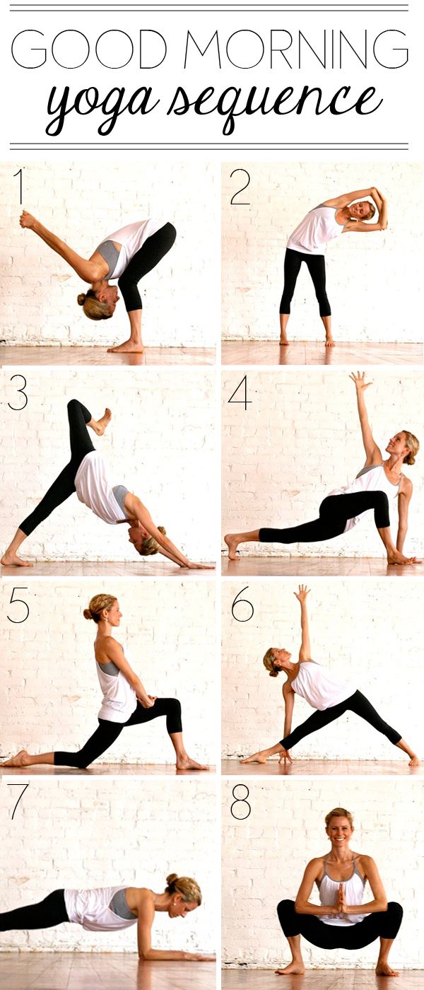 a woman doing yoga poses with the words'good morning yoga sequence'above her