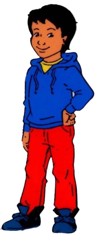 a young boy wearing red pants and a blue hoodie is standing with his hands on his hips