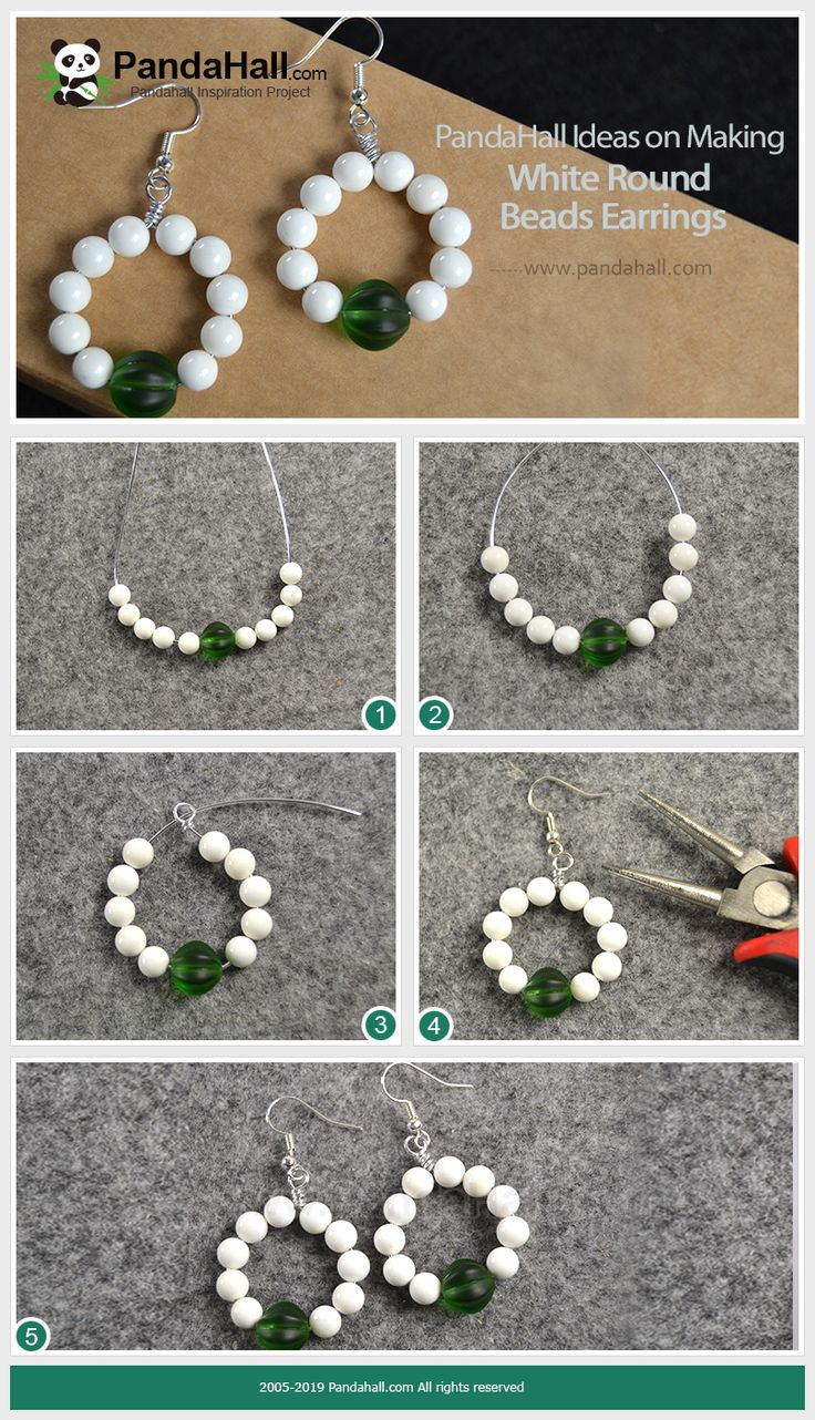 instructions to make beaded hoop earrings with white beads and green glass beads on them