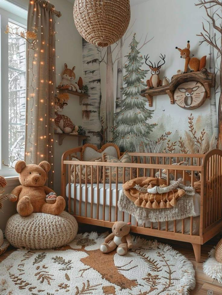 a baby's room with teddy bears and deer decorations