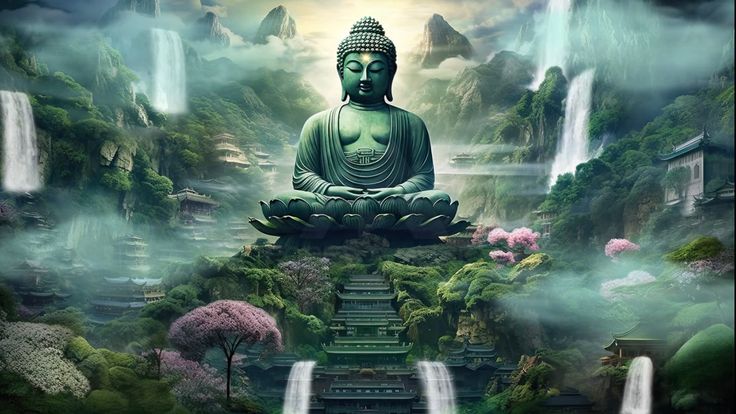 a buddha statue sitting on top of a lush green hillside surrounded by waterfalls and trees