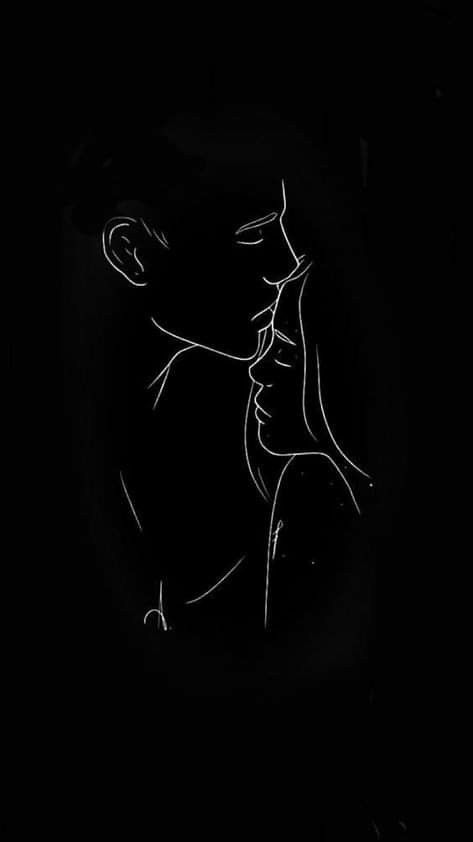 a black and white drawing of a man kissing a woman's face in the dark