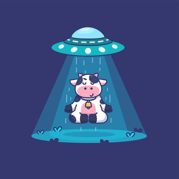 a cow sitting in the rain under an alien light