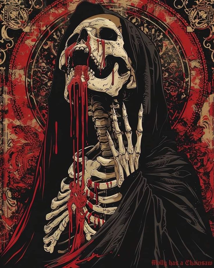 a skeleton with blood dripping from it's mouth in front of a red background