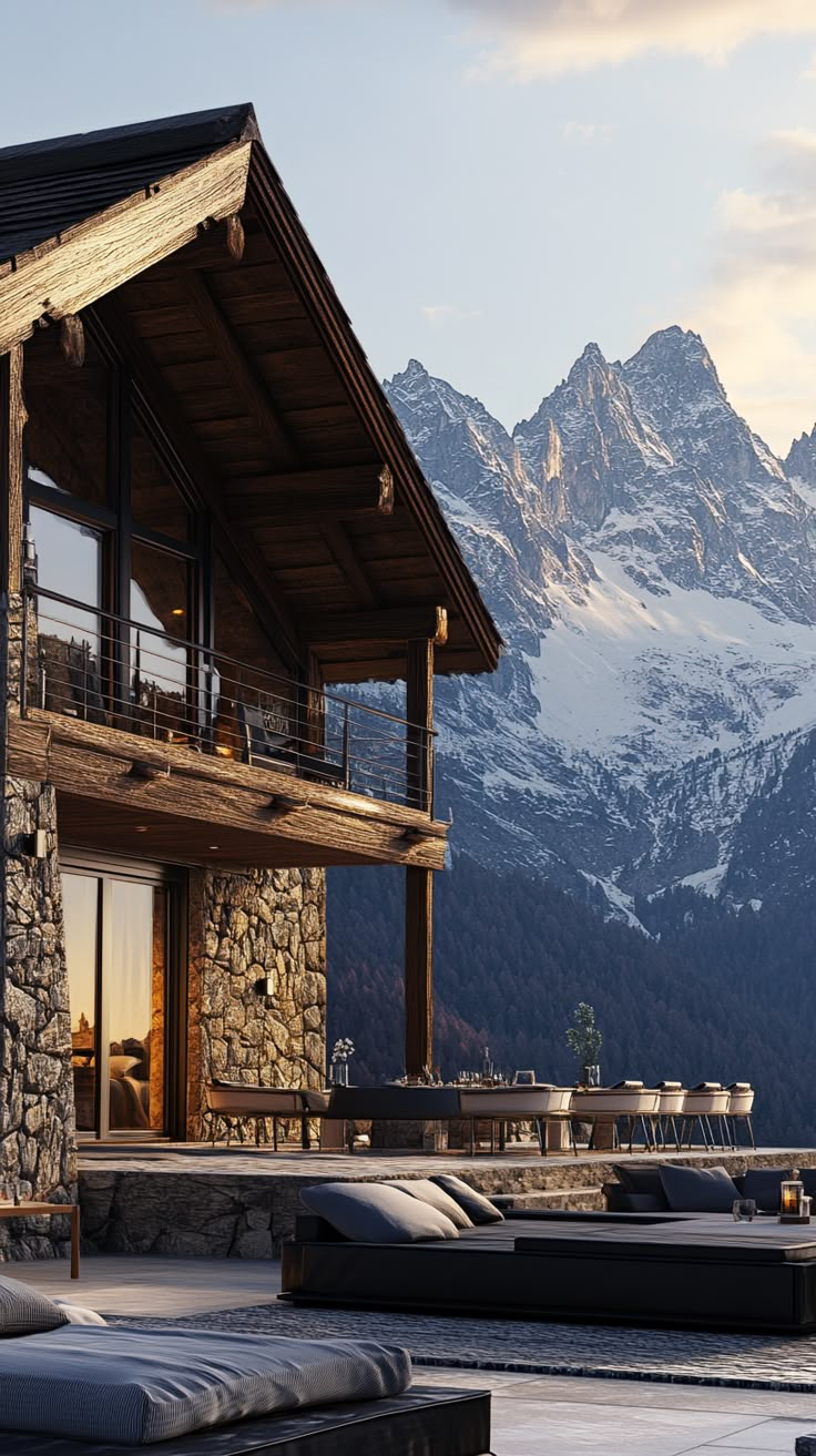 an outdoor lounge area in front of a mountain house with mountains in the background at sunset