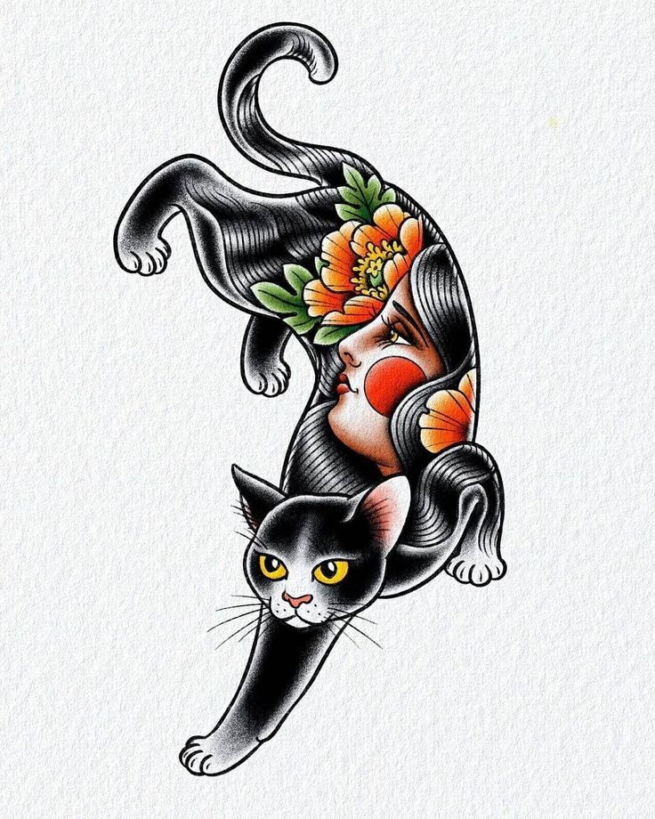 a black and white cat with flowers on its back