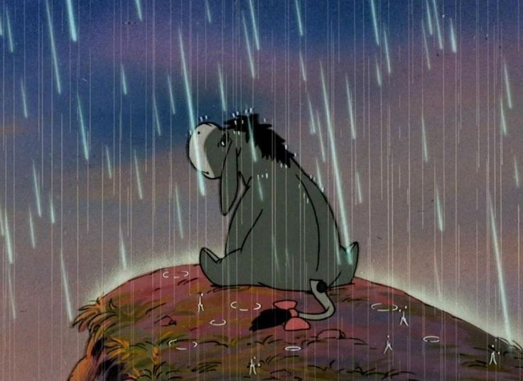 a cartoon horse sitting on top of a rock under a cloudy sky with rain falling down