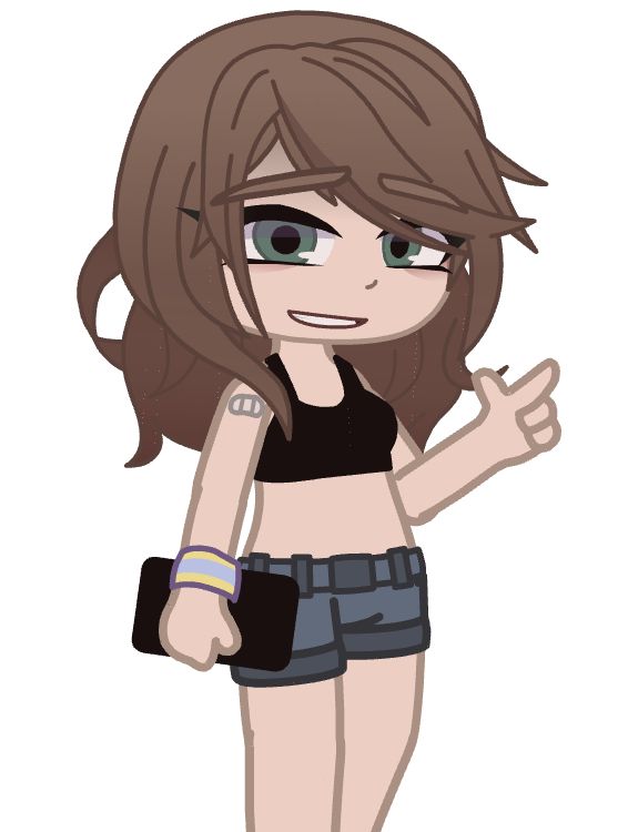 a cartoon girl with brown hair and green eyes, wearing black top and blue shorts