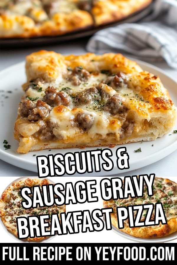 two slices of sausage and gravy pizza on white plates with text overlay