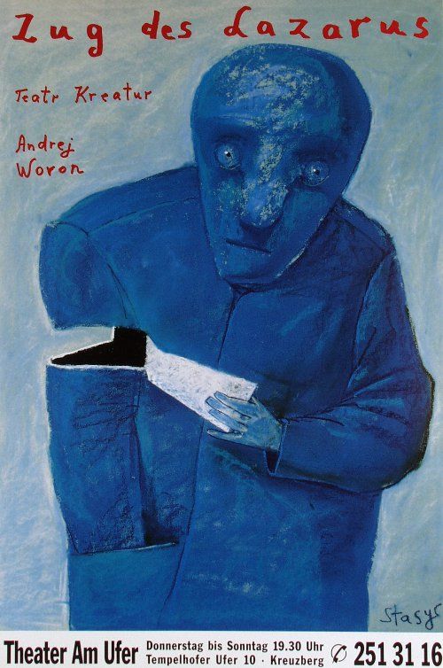 a poster with an image of a blue man holding a piece of paper in his hands