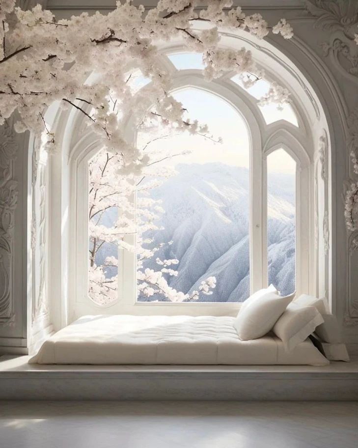 a white bed sitting under a window next to a tree in front of a mountain