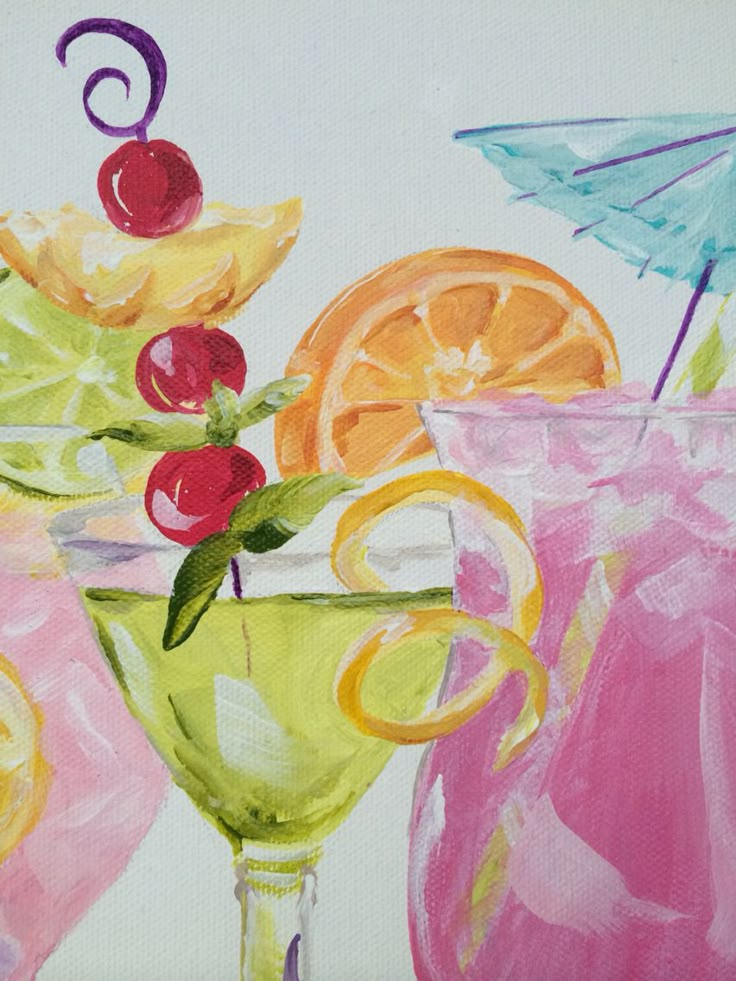 an oil painting of three different colored cocktails with cherries and orange slices in them