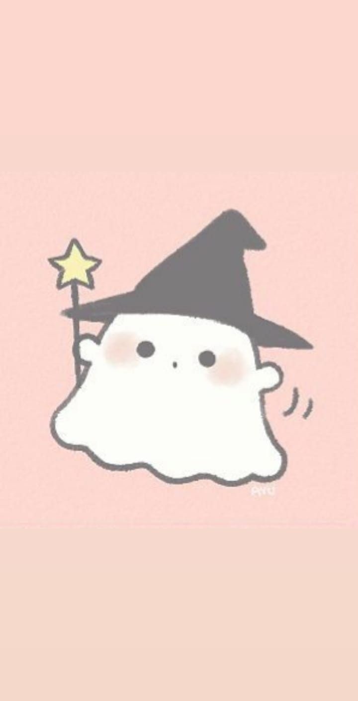 a drawing of a ghost wearing a witches hat and holding a star in its hand