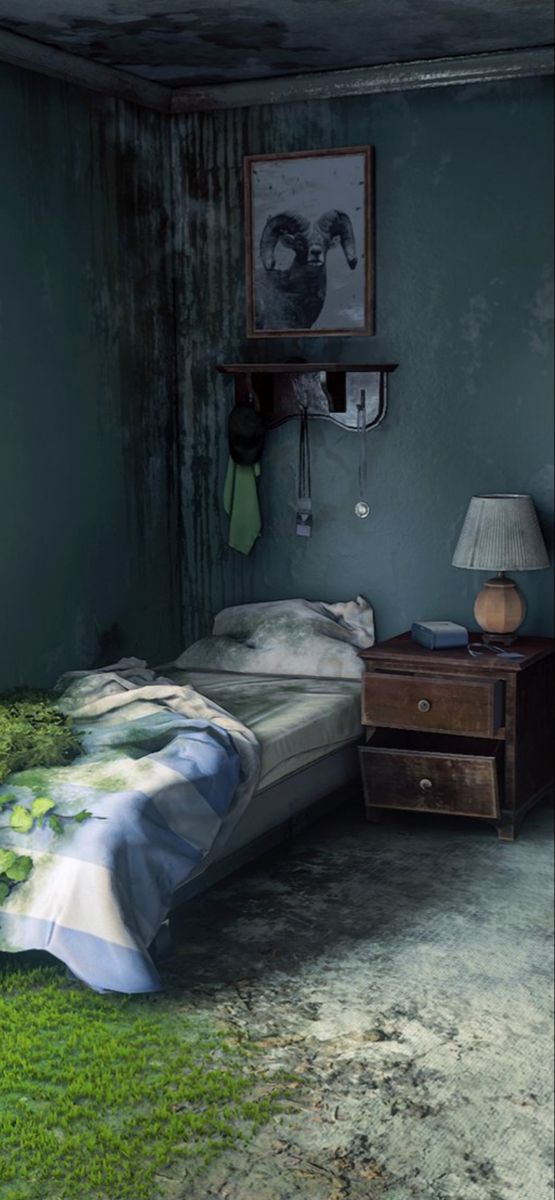 a bedroom with green grass on the floor