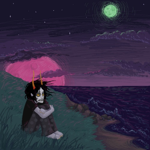 a drawing of a person sitting in the grass at night with a full moon behind them