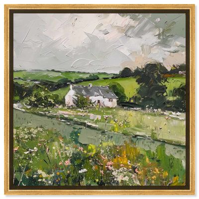 an oil painting of a house in the distance with green grass and flowers around it