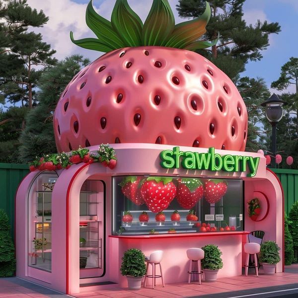 a large strawberry shaped building sitting on the side of a road