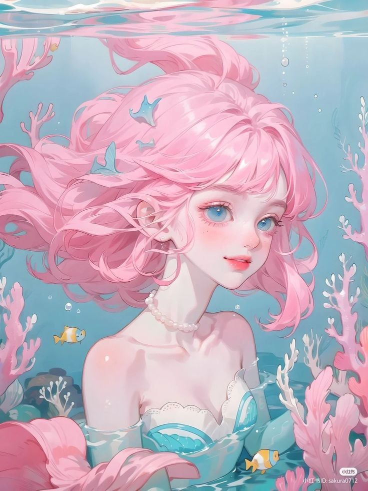 a girl with pink hair is under the water