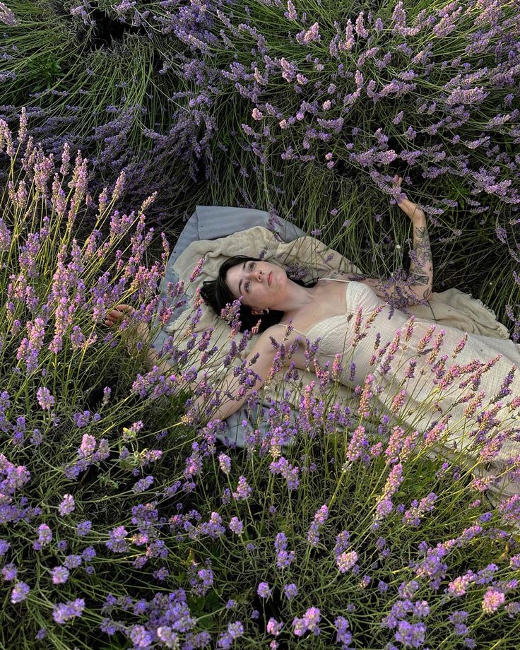 a woman laying in the middle of lavender flowers