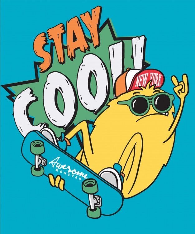 a cartoon character holding a skateboard with the words stay cool