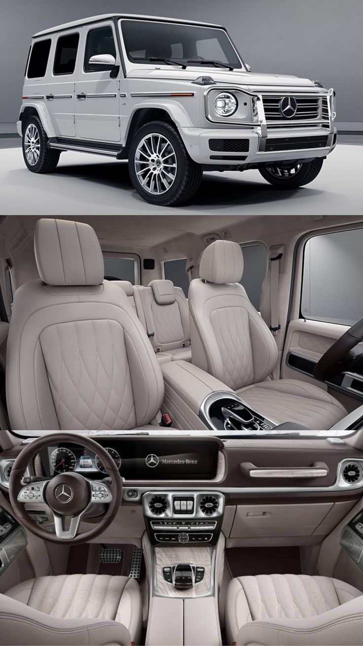 the inside and outside view of a mercedes g - class suv with beige leather seats