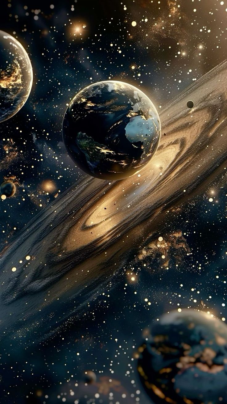 an artist's rendering of the planets in outer space, with stars and dust around them