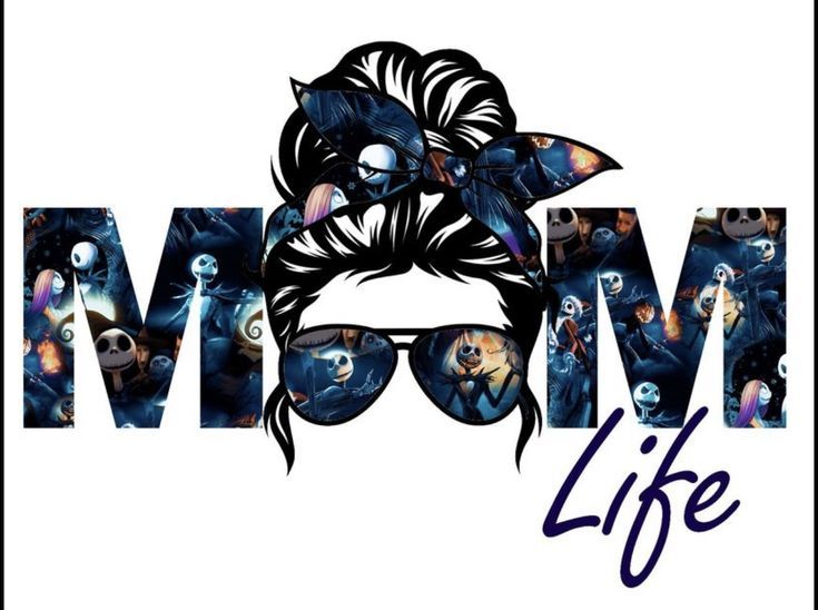 the word mom life with an image of a woman's face and various images