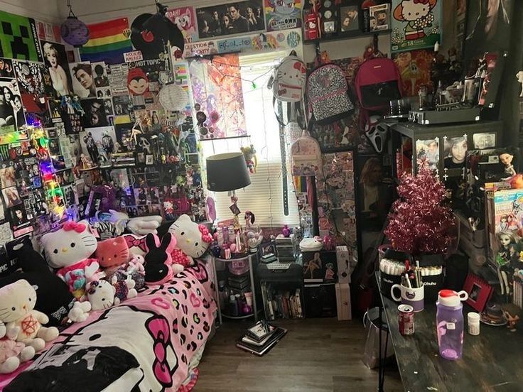 a room filled with lots of stuffed animals and pictures on the walls, along with many other items