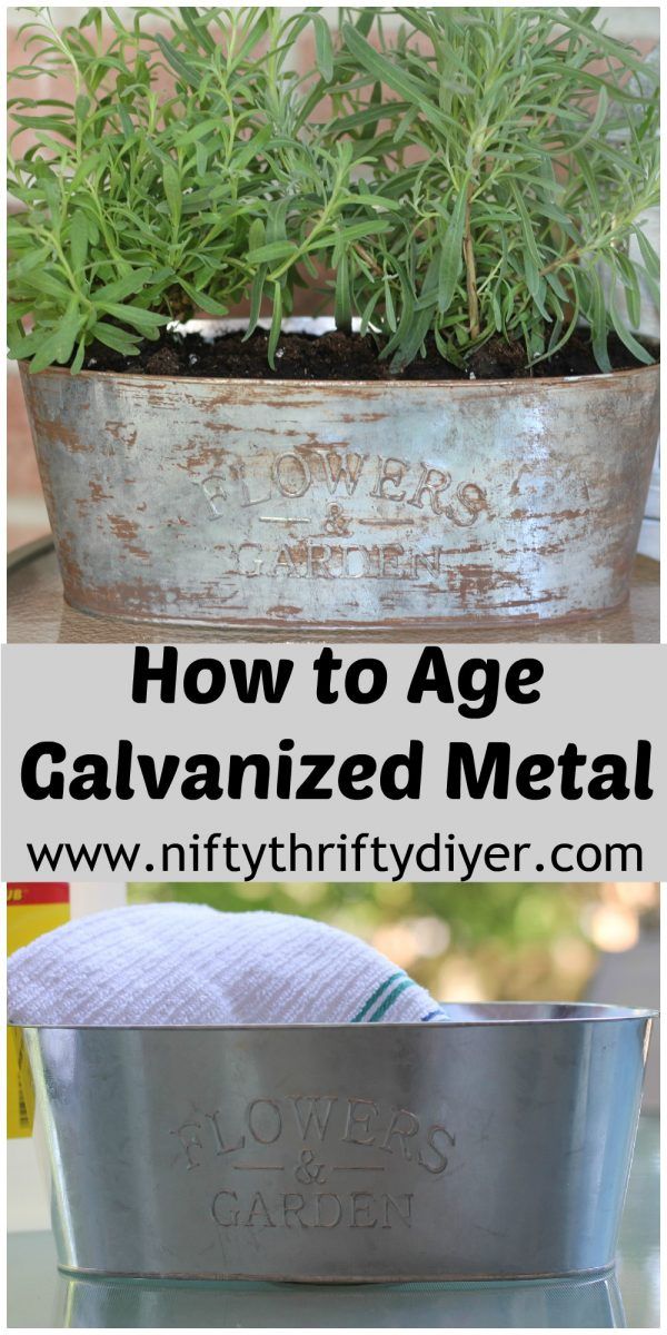 an old galvanized metal planter with herbs growing in it and the words how to age galvanized metal