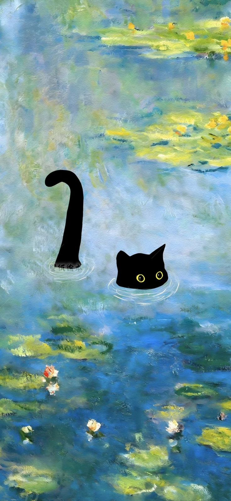 a painting of a black cat swimming in water with lily pads on the ground and another one looking at it