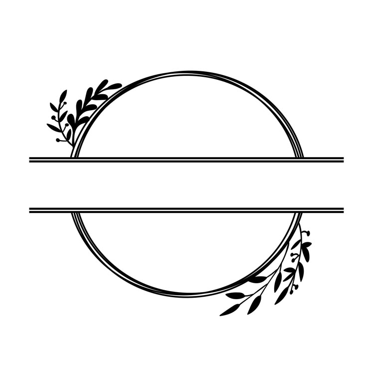 a black and white image of a circle with an empty strip in the middle, surrounded by leaves