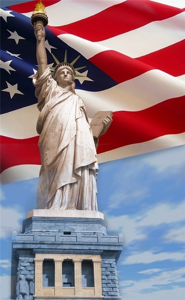 the statue of liberty is in front of an american flag