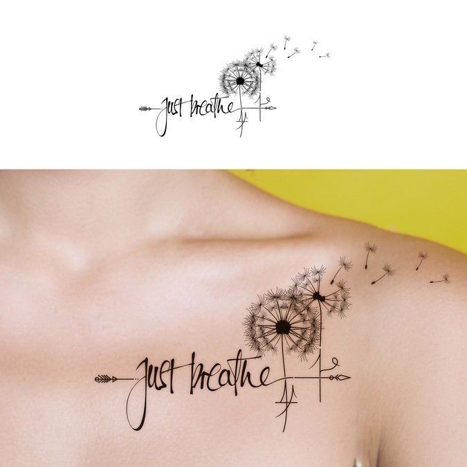 a woman with a dandelion tattoo on her chest and the words just breathe above it