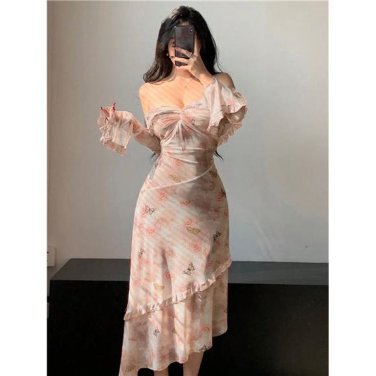 Introducing Our Elegant Rose And Butterfly Print Dress, A Blend Of Sophistication And Style. Crafted From A Comfortable, Medium-Stretch Fabric, This A-Line Dress Features Intricate Frill And Ruffle Details, Accentuated By An Off-The-Shoulder Neckline And Flare Sleeves. The Mesmerizing Print Adds A Unique Touch, While The Knee-Length Hem With Flounce Shape Offers Graceful Movement. With A Slim Fit Design And Zipper Closure, This Dress Is Both Elegant And Easy To Wear. Simply Machine Wash For Effo Off Shoulder Floral Dresses, Pretty Off Shoulder Dress, Floral Dress For Bday, Ruffle And Roses Dress, Butterfly Prom Dress With Sleeves, Elegent Floral Dress, Butterfly Elegant Dress, Feminine Summer Midi Party Dress, Summer Party Midi Dress With Feminine Style