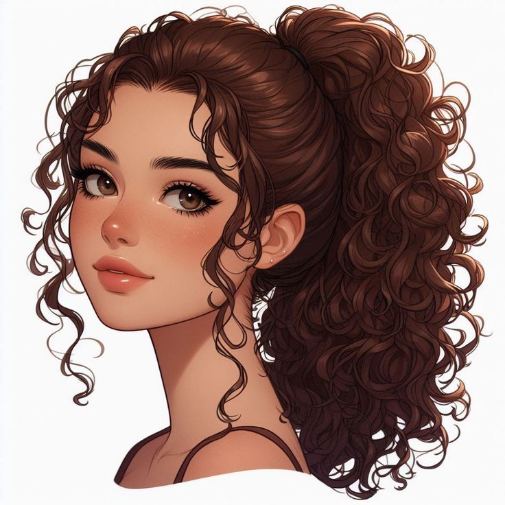 a drawing of a woman's face with curly hair and brown eyeshadow