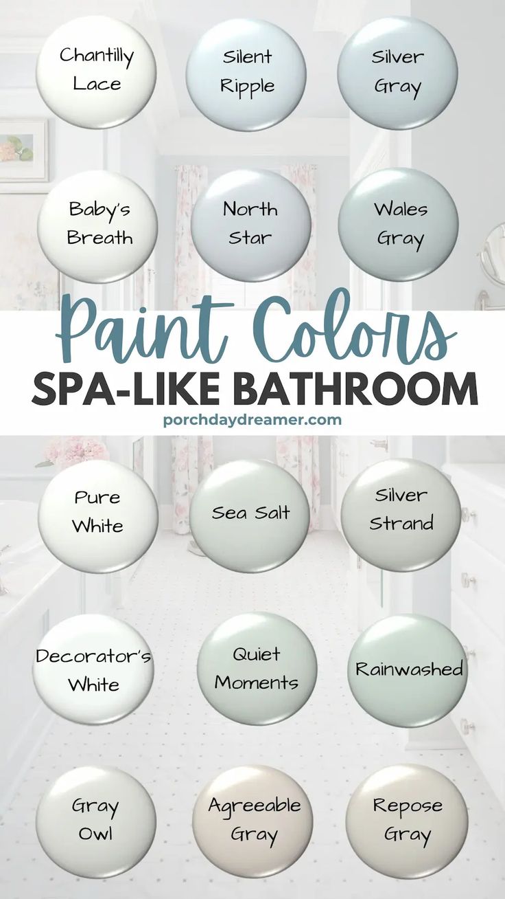 paint colors for bathroom walls and floors with the words paint colors spa like bathroom on them