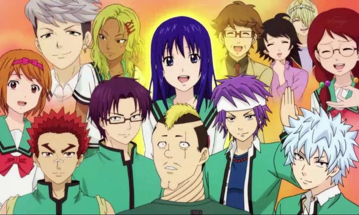 an anime group with many different colored hair and glasses on their heads, all looking at the camera