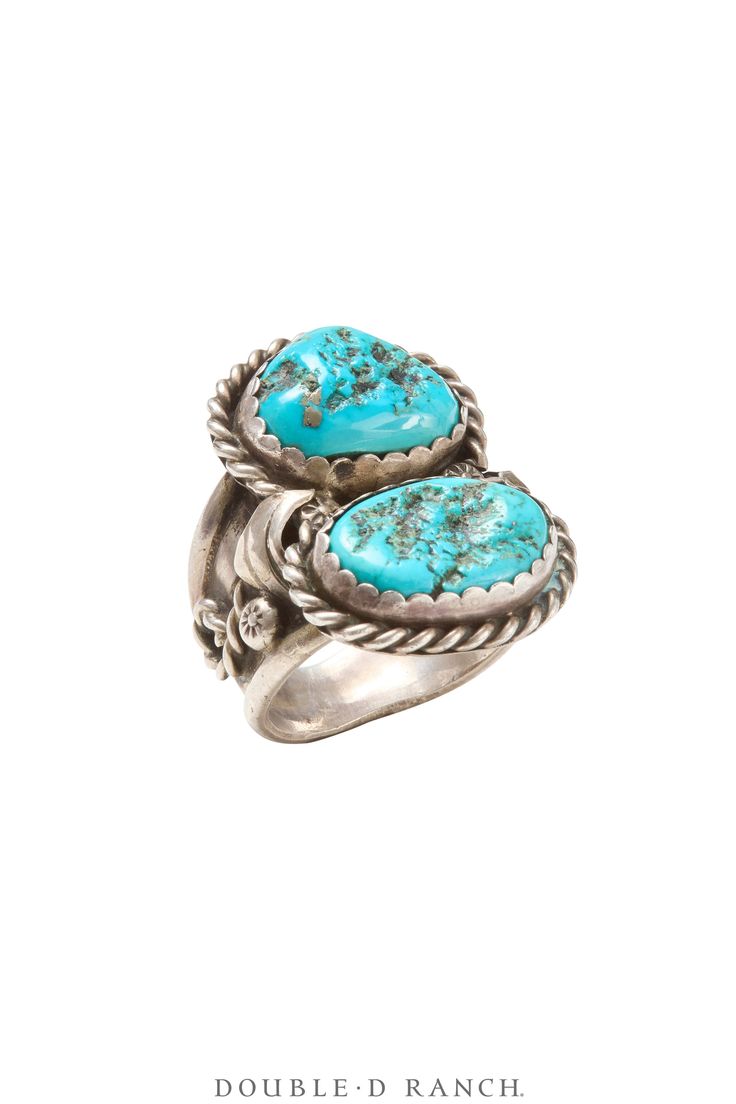 DOUBLE THE TURQUOISE LOVE We are a sucker for a good statement ring, and this one doubles down on the turquoise appeal! This vintage ring is sterling silver and has two oval turquoise stones with natural markings, set in serrated bezels, accented by sterling silver drops, all framed with silver rope wire detail. We are in love with this piece and know you will be too. materials: sterling silver, turquoise measurements: 1 1/2" x 3/4" size: 10 weight: 21 grams nice vintage condition stone is secur 21 Grams, Turquoise Stones, Vintage Ring, Silver Turquoise, Turquoise Stone, Statement Ring, Vintage Rings, Statement Rings, Size 10