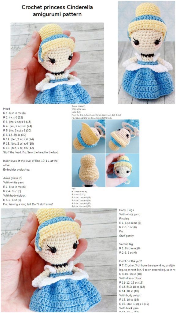 crochet princess cinderella amigurum doll pattern with instructions to make her own dress and hat