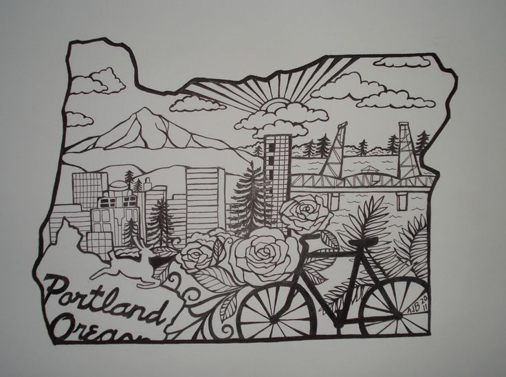 a black and white drawing of the state of portland, oregon with flowers on it