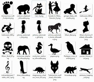 the silhouettes of people and animals are shown in black on a white background,