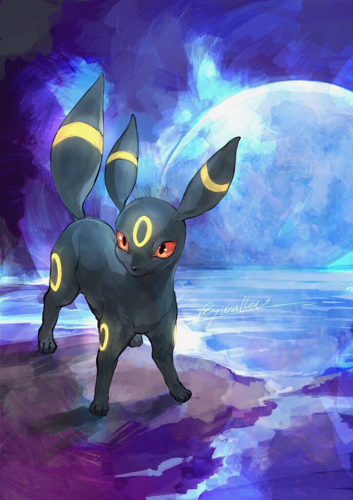 a painting of a pikachu standing in front of a full moon and water