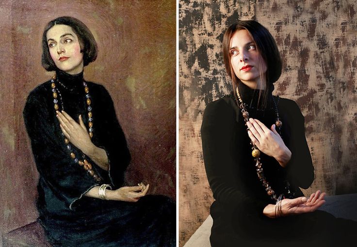 two paintings of women in black dresses one with her hands folded and the other wearing pearls